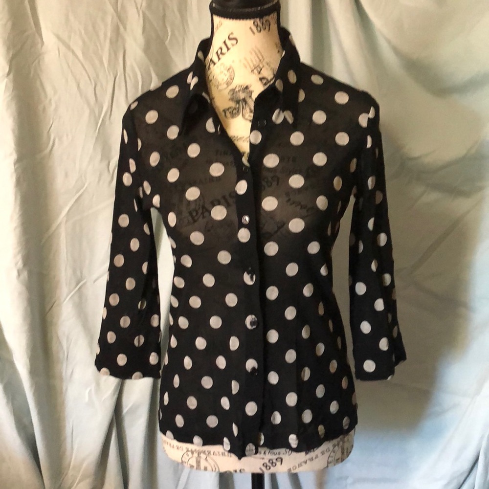 Hennes Collection Black with White Polka Dots 3/4 Sleeve Sheer Buttoned Blouse
